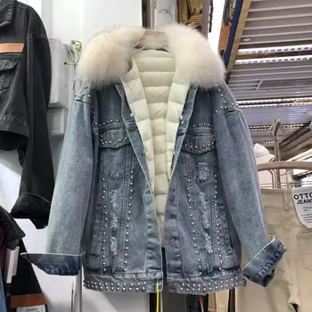 

2020 Winter Fur Collar Denim Jacket Coat Women Heave Rivet Short Parka Coats Detachable Liner jean Padded Jackets Famale