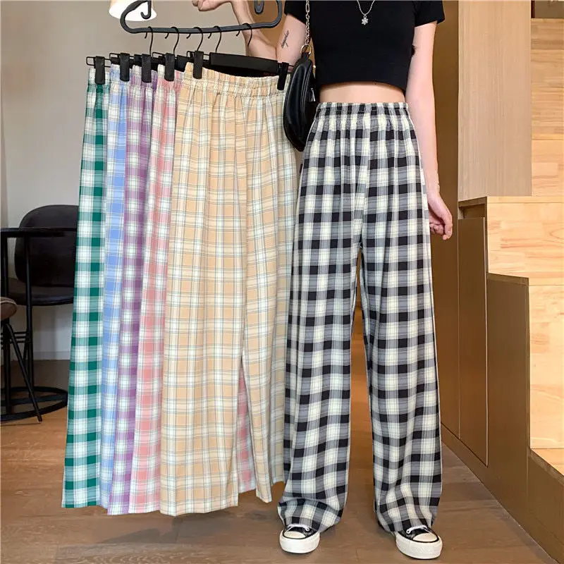 Checked Plaid Women Pants Winter Fleece Warm Casual Elastic High Waist Wide Leg Trousers Oversize Plus Size Vintage Chic Wear