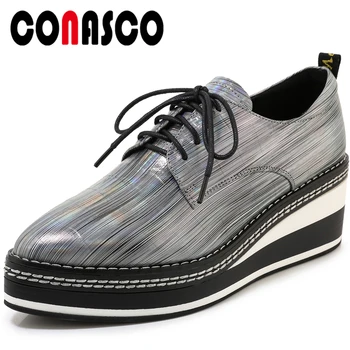

CONASCO Fashion Casual Spring Summer Women Flats Genuine Leather Cross-Tied Cow Patent Leather Wedge Flat Platform Shoes Woman
