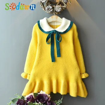 

Sodawn Girls Sweet Dress 2020 Winter Autumn Knitted Doll Collar Long Sleeves Bow Princess Party Dress Toddler Children Clothes