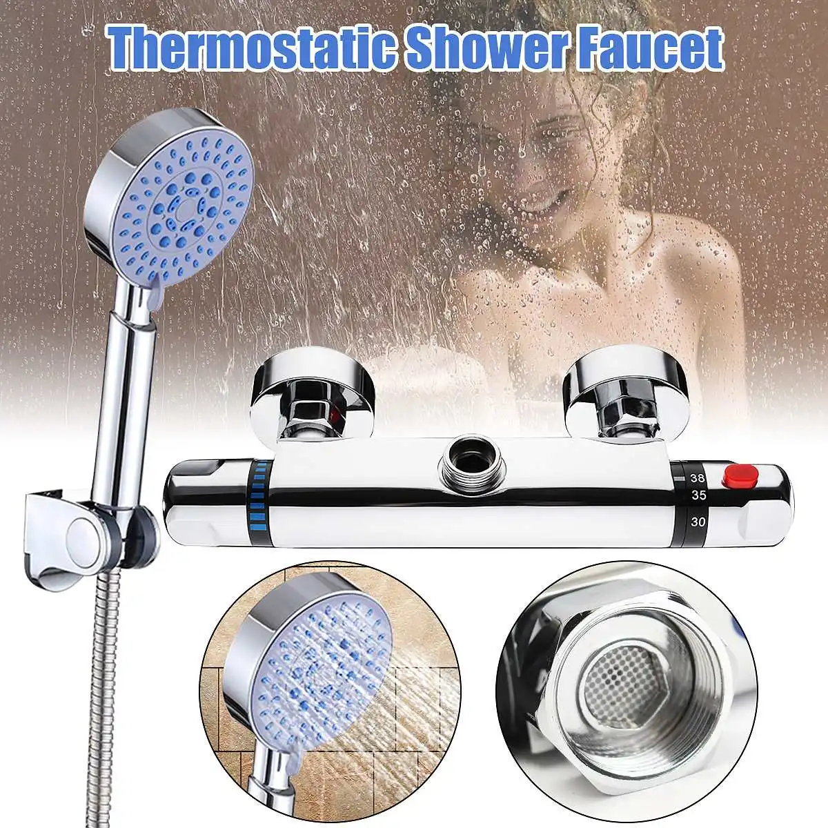 NEW Bathroom Brass Chrome Thermostatic Shower Faucet Mixer Value Dual Handle Bathtub Shower Faucet Cold /Hot Wall Mounted ► Photo 3/6