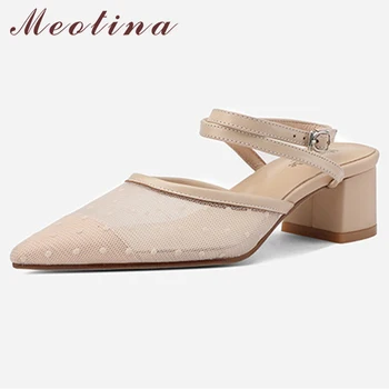 

Meotina Women Pumps Ankle Strap Genuine Leather Mid Heel Shoes Pointed Toe Square Heels Cutouts Shoes Lady Summer Black Size 40