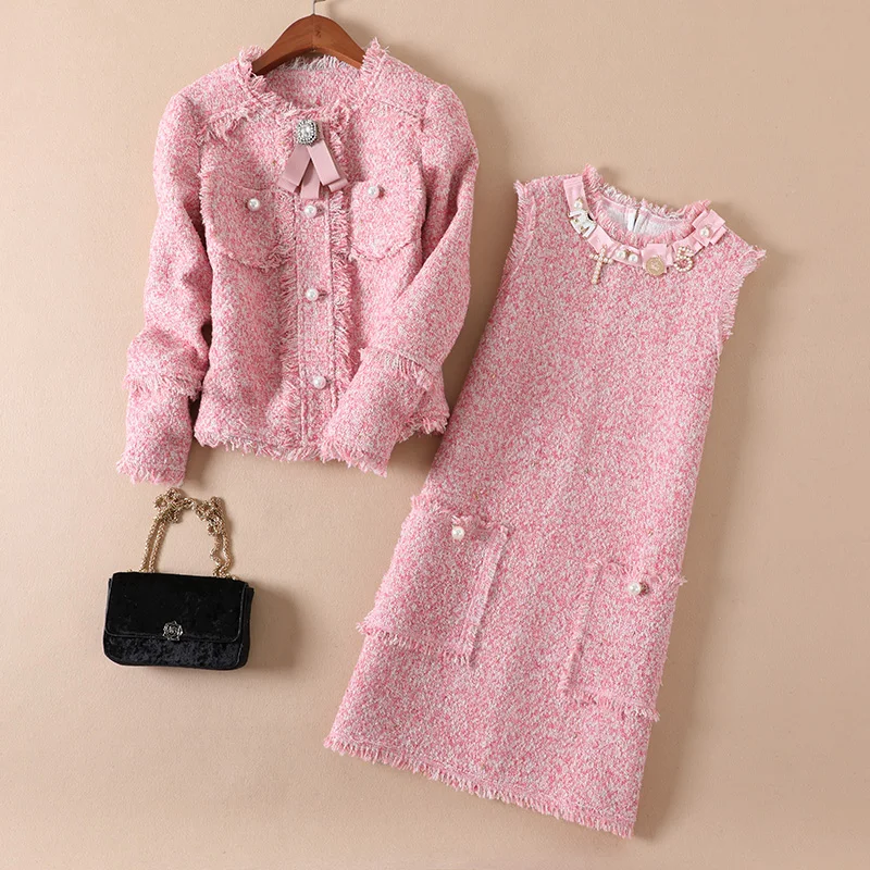 High-end NIWIY Brand Dress Women Loose Diamonds Dress 2020 Vestidos De Festa Tweed Vest Pink Beading Office Women Dress N8089 High-end NIWIY Brand Dress Women Loose Diamonds Dress 2020 Vestidos De Festa Tweed Vest Pink Beading Office Women Dress N8089