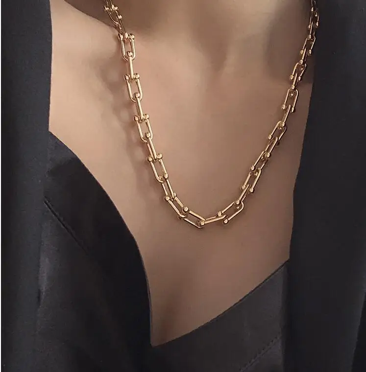 Amaiyllis 18k Gold Minimalist U-shaped Stitching Thick Chain Necklace Personality Exaggerated Necklace For Female Jewelry Gift