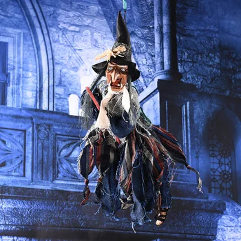 

Halloween Horrible Decoration Prop Broom Witch Hanging Ghost Zombie with Terrible LED Eyes Weird Sound Children Party Scary toys