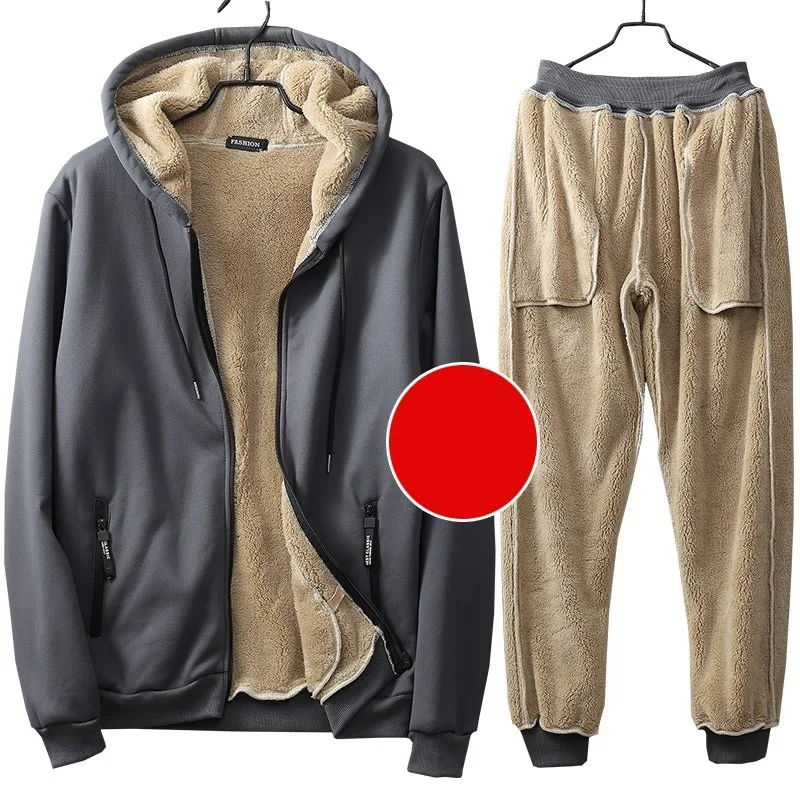 grey set Мужская зимняя толстовка с капюшоном, повседневный комплект из двух предметов, флисовая подкладка, спортивный костюм с эластичной резинкой на талии, уличные спортивные костюмы, плотные теплые комплекты - Цвет: grey set