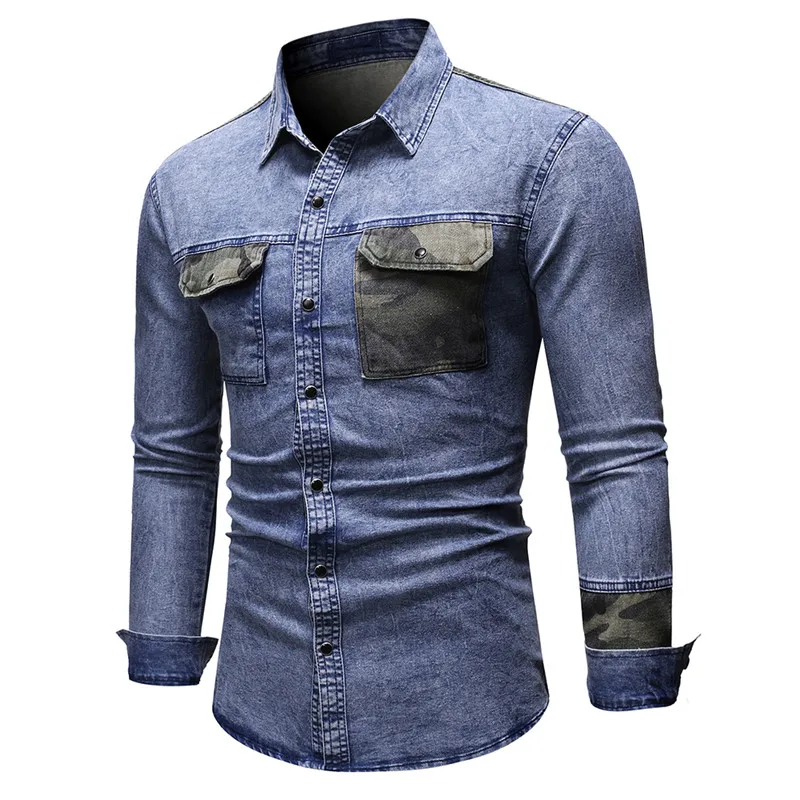 

NEGIZBER 2019 Autumn Jeans Shirt Men Casual Camouflage Patchwork Long Sleeve Shirts Men Top Quality Mens Denim Shirts Streetwear
