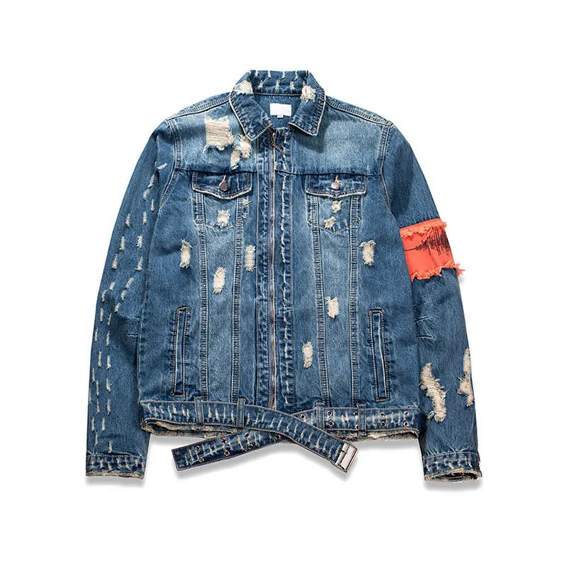 KIOVNO Men High Street Ripped Denim Jackets Coats Sleeves Badge Patchwork Jeans Jackets For Male Waist Belt (11)