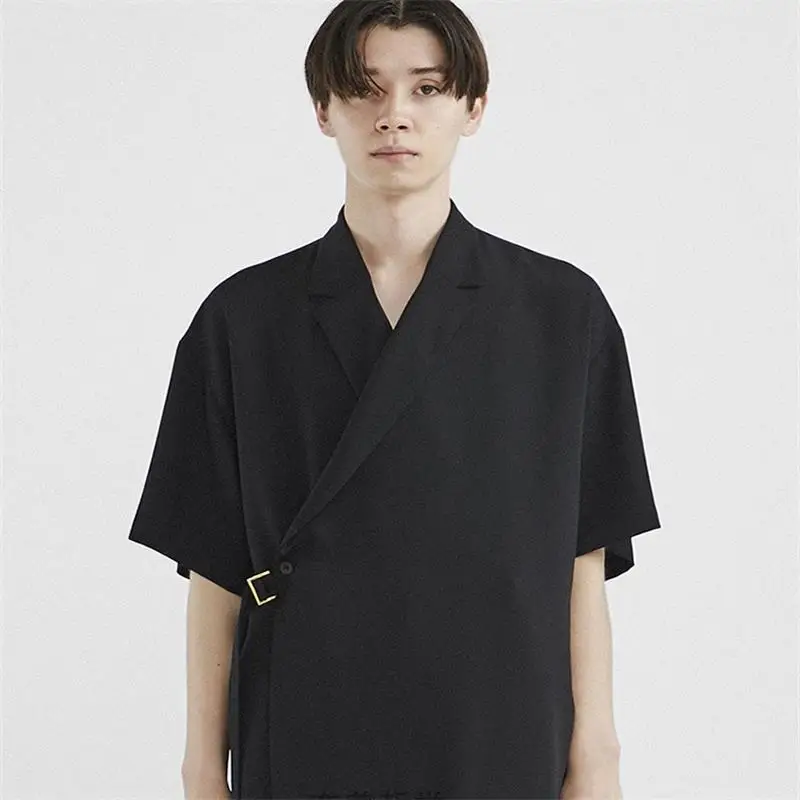 

Men's Short Sleeve Shirt Summer New Solid Color Lapel Side Lacing Design Large Size Fashion Loose Casual Shirt