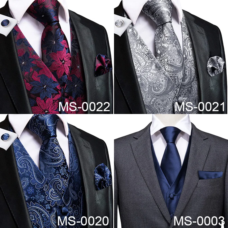 Silk Adult Men's Vest for Suit Luxury Paisley Floral Plaid Suit Vest and Tie Set Blue Gold Red Sliver Wedding Men