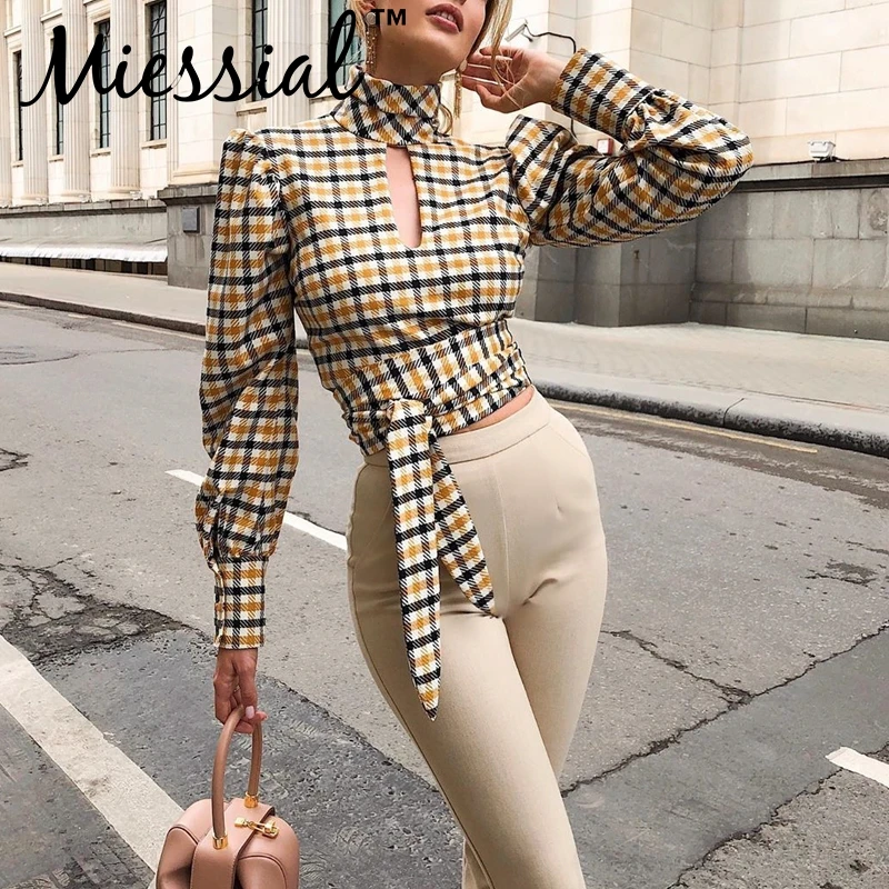  Miessial Plaid hollow out elegant blouse shirt Women long sleeve blackless vintage shirt tops Femal