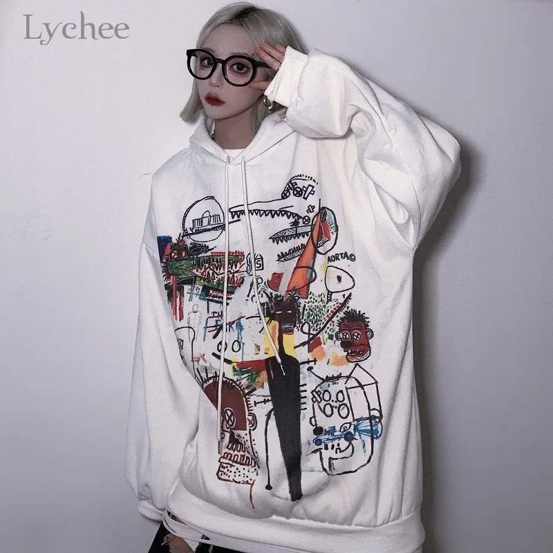 Lychee Harajuku повседневные свободные женские флисовые толстовки пуловеры граффити женские флисовые толстовки с капюшоном осенние дамские свитшоты
