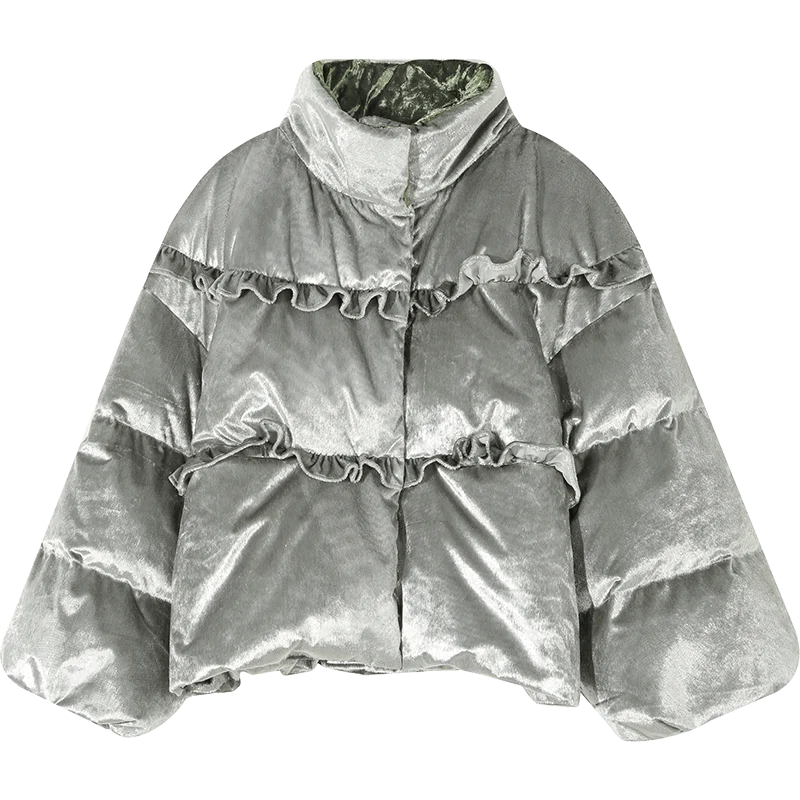 Серебристый ELFSACK, дизайн, 90% утиный пух, пальто, одноцветное, блестящее, атласное, женская верхняя одежда,, Зимняя мода, неделя, теплая, с оборками сзади, одежда - Цвет: Серебристый