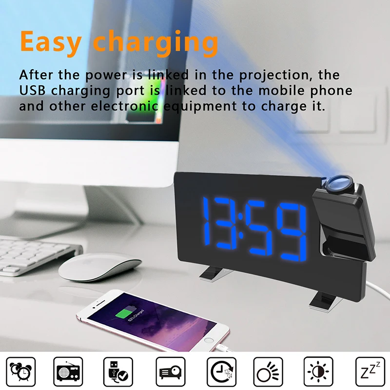 LED Digital Projection Alarm Clock Digital Date Snooze Function Backlight Projector Desk Table USB Clock With Time Projection