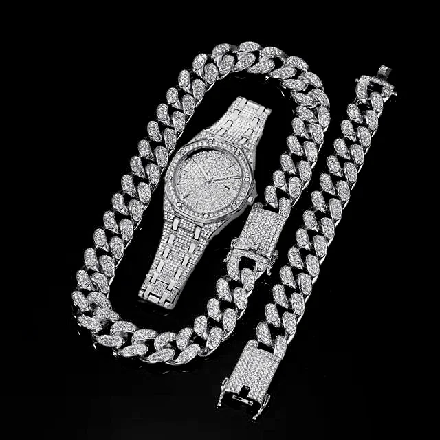 3Pcs Watch+Bracelet+Necklace Hip Hop Miami Cuban Chain Gold Watch Iced Out Paved Rhinestones CZ Bling Rapper Men Jewelry Joyas