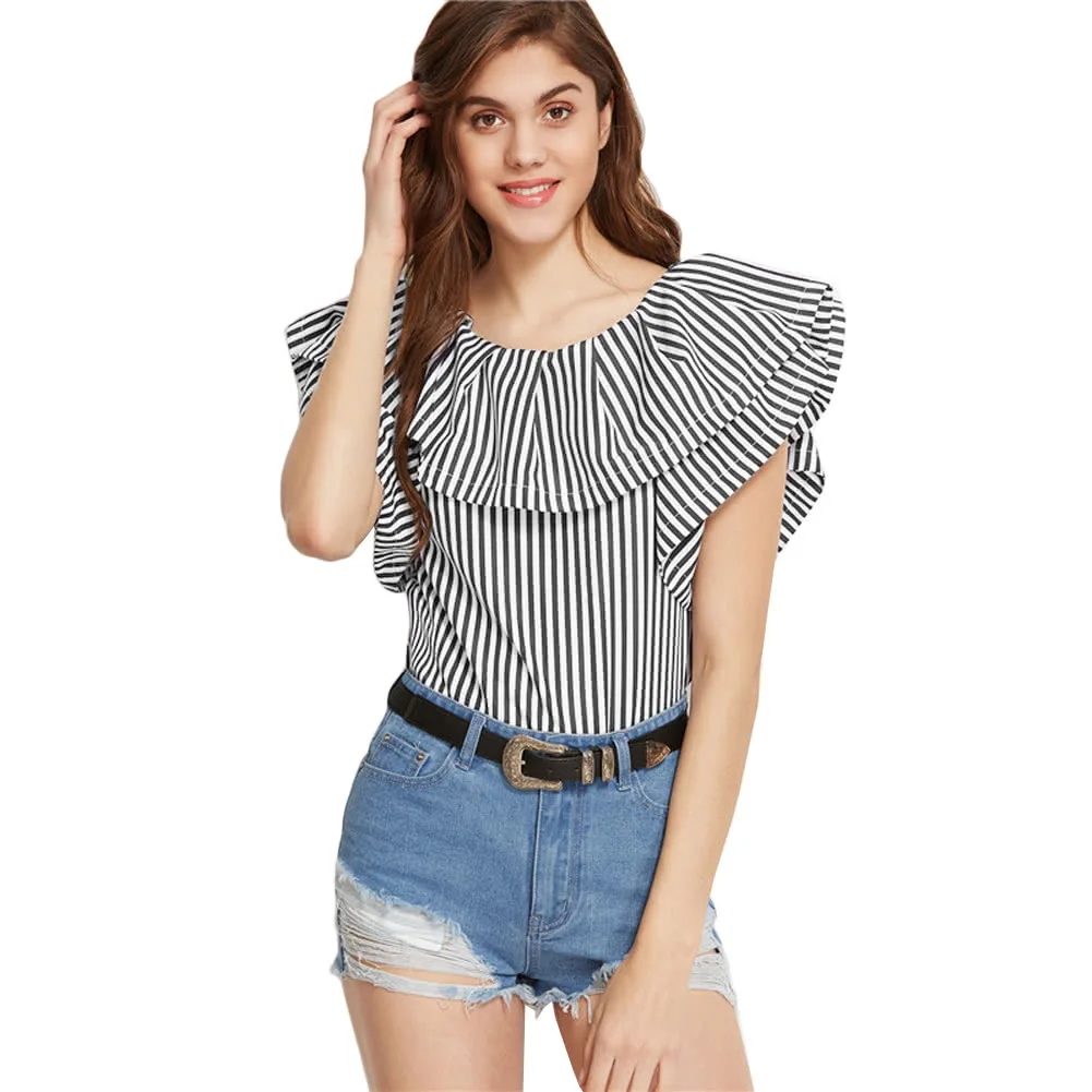 

Women Ruffle Blouse Striped Shirt Short Sleeves Casual Elegant Top Black
