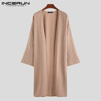 

INCERUN Men Outerwear Long Sleeve Striped Trench Casual Loose Vintage Cloak Streetwear Longline Cardigan Jackets Autumn Coat Men