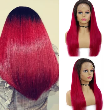 

Ombre Burgundy Long Straight Lace Front Human Hair Wigs Brazilian Remy13X4 Lace Frontal Wigs Red Brown Bob Lace Wigs EUPHORIA