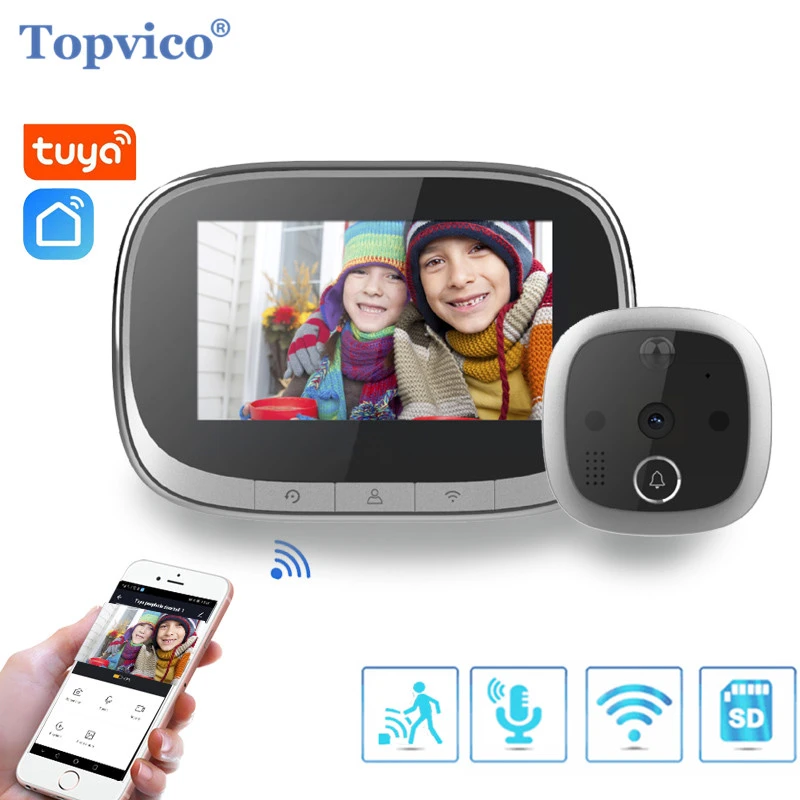 Topvico Tuya Peephole Video Doorbell Wifi Door Viewer Camera Intercom 4.3" Monitor Motion Detection Video-eye Digital Ring doorbell screen intercom