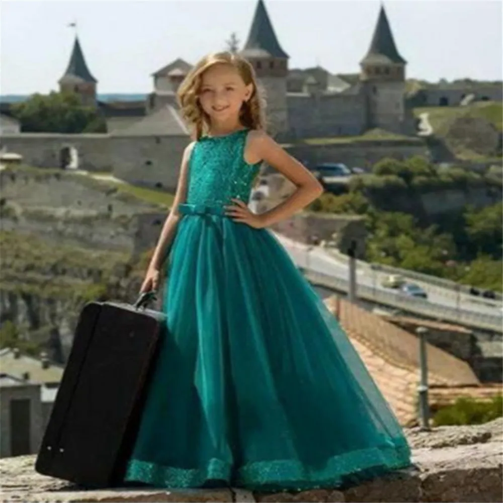 

Dark Green Shining Flower Girl Dresses Tulle Sleeveless Pageant Dresses for Girl 2019 Applique Holy Communion Party Dresses