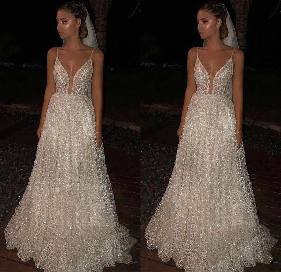 

vestido novia Sexy V Neck Bride Wedding Dress Sparkling Sequins Bridal Wedding Gowns White Lace A Line Beach Wedding Dress