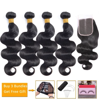 

body wave 4 bundles with closure Brazilian hair weave bundles and closure Peruvian non-remy human hair bundles with closure