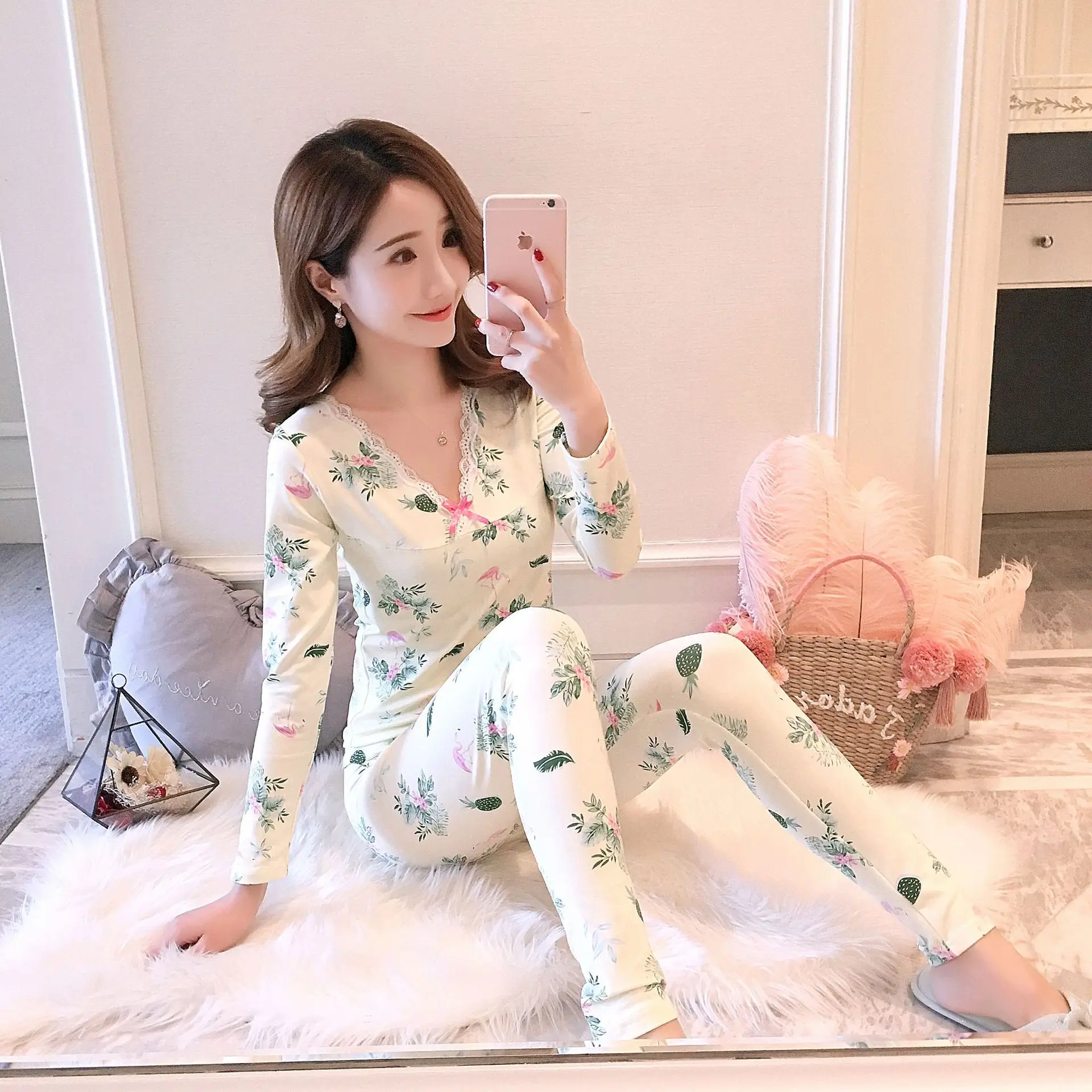 

Pajamas Home Wear Thermal Underwear WOMEN'S Suit Slim Fit Body-hugging Cotton Jersey GIRL'S Printed Thermal Underwear Thin