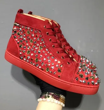 

Red Bottom Shoes for Women High Top Bling Crystal Rhinestone Rivet Lace Up Women Sneakers 2020 New Fashion Neon Sneakers Suede