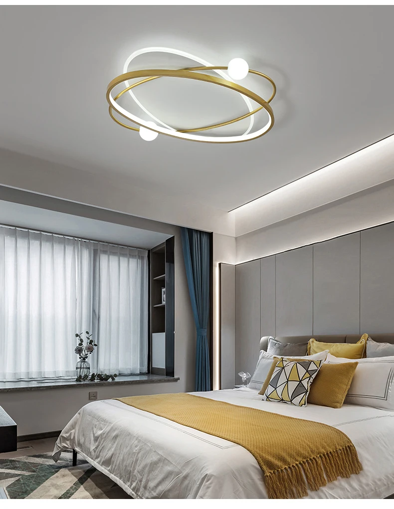 Modern Style Led Chandelier For Bedroom Living Room Kitchen Study Ceiling Lamp Gold Oval Ring Simple Design Remote Control Light dining light fixtures
