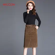 Повседневные вельветовые юбки женские осенние зимние черные коричневые до колена с высокой талией юбки размера плюс 3XL женские тонкие прямые юбки