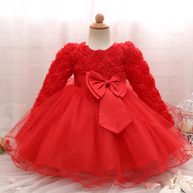 Платье с длинными рукавами для маленьких девочек; кружевное платье с цветочным узором для крещения для девочек; одежда для малышей на первый год, день рождения, свадьбу - Цвет: red