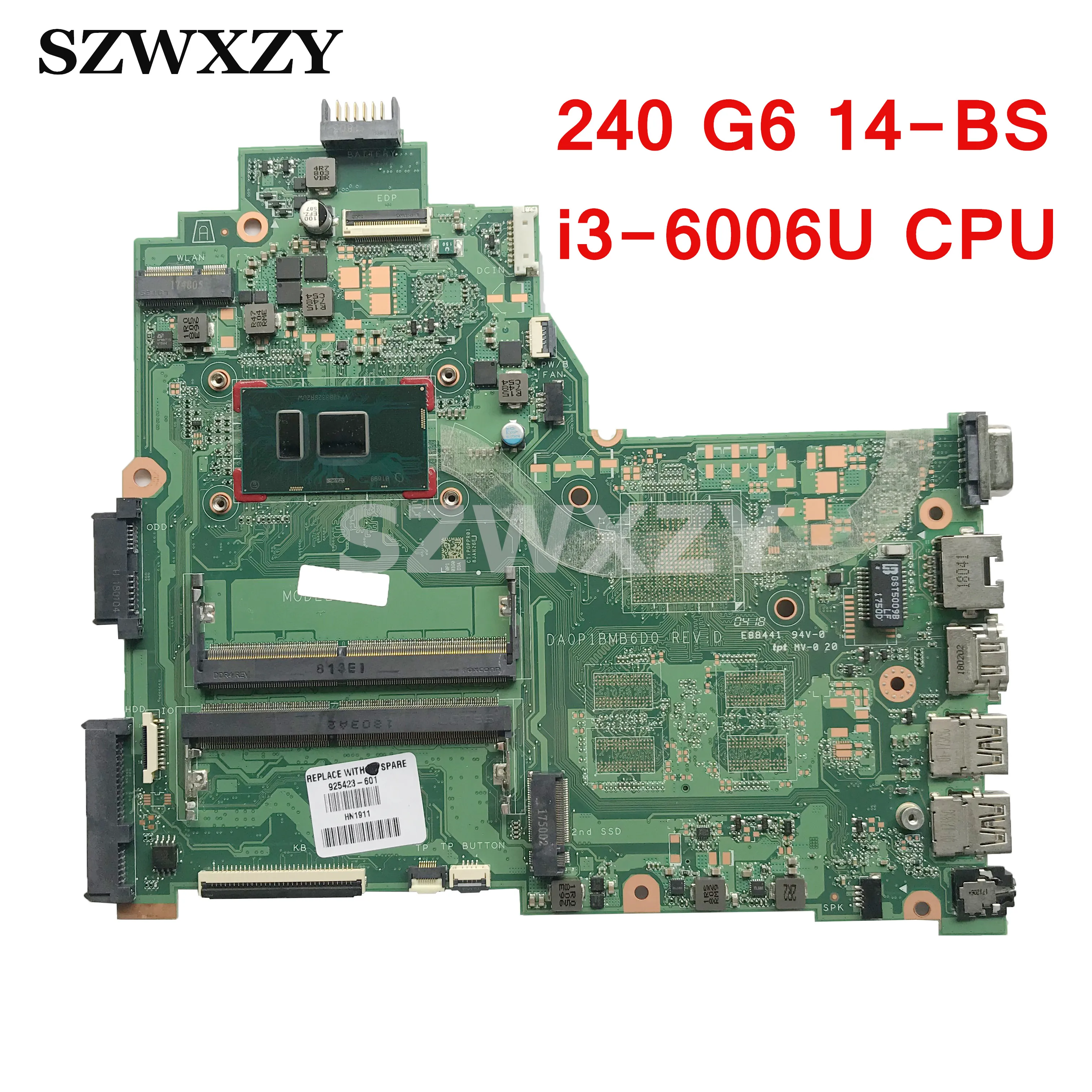 Материнская плата для ноутбука HP 240 G6 14-BS 925423-601 925423-001 DA0P1BMB6D0 SR2UW ЦП ПК с процессором