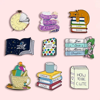 Fashion Cartoon Books Metal Enamel Brooch Cute Clock Starry Cat Kitty Library Pin Personality Charm Costume Jewelry Gift