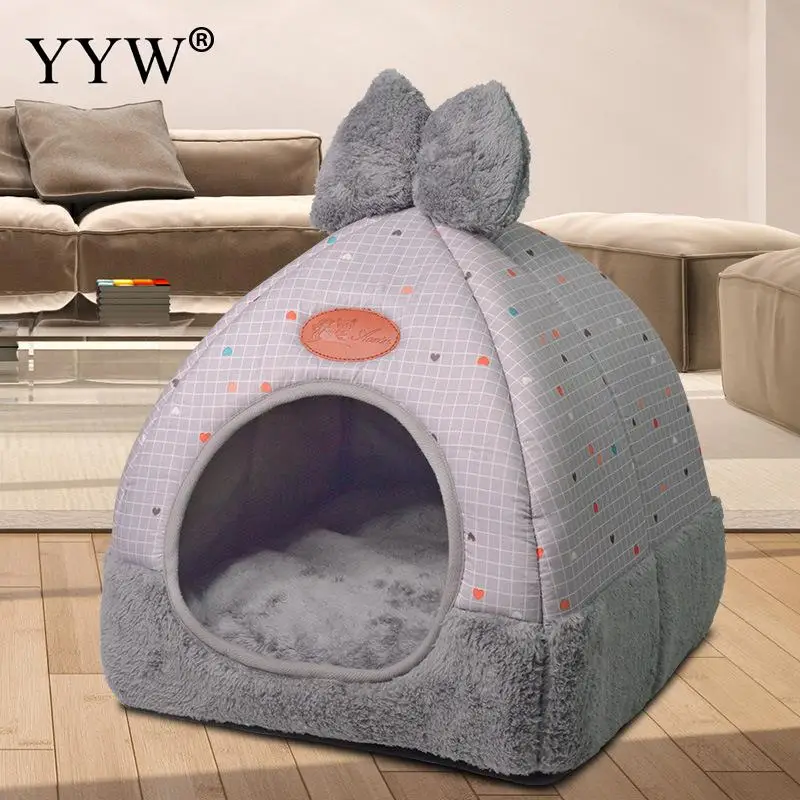checkered gray Миленький спонж кровать для домашних животных мягкая будка для кота, собаки палатка питомник Складная собачка зимняя теплая подушка корзина животное кровать пещера продукт для домашних животных - Цвет: checkered gray