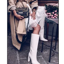 Botas de tacón grueso hasta la rodilla para mujer, zapatos elegantes de cuero genuino, punta redonda, color blanco, 2022