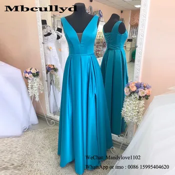 

Mbcullyd V Neck Satin Prom Dresses Long 2020 Back Lace Up A Line Women Evening Dress Formal Plus Size Blue Vestido De Festa