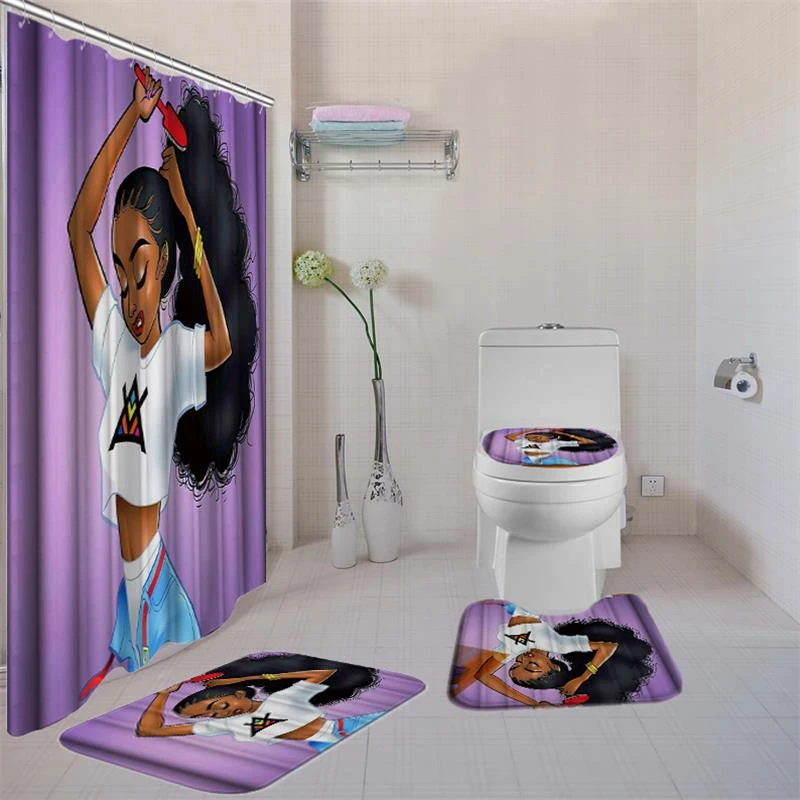 Dafield Bathroom Set With Shower Curtain Luxury African American Girl Shower Curtain Bath Rug Sets Toilet Cover Bath Mat Set Shower Curtains Aliexpress