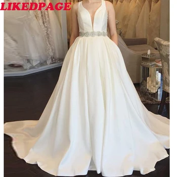 

2020 Elegant Satin Wedding Dresses Sexy V-neck Sleeveless Beading Belt Bridal Gowns White Ball Gown Wedding Gown Vestidos novias