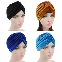 Grade Quality Pleated Stretch Ruffle Women's Velvet Skullies Beanies Twist Knoted Turban Chemo Sleep Hats Wrap Hair Cover Bonnet 2