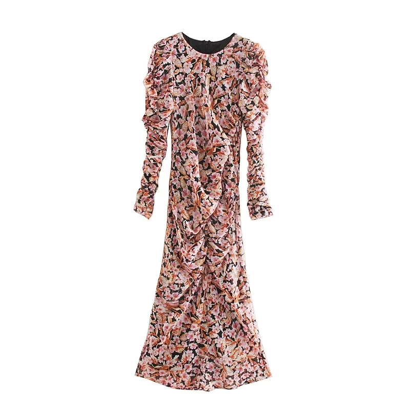 Withered england elegant vintage puff sleeve floral printing dress women vestidos vestidos de fiesta de noche maxi dress blazer