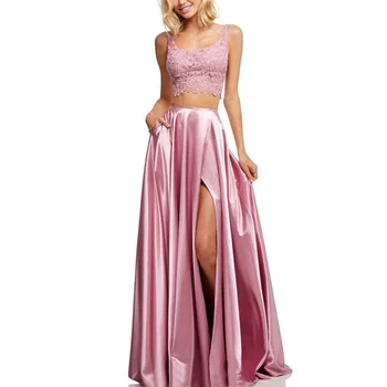 

DYMADE 2020 Girls Fashion Lace Patchwork Evening Dress Two Piece Prom Dresses Set Satin Pink Women Elegant Party Night Dress D30