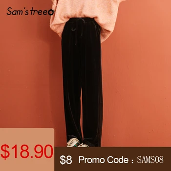 

SAM'S TREE Black Solid Vevlet Split Straight Women Pants 2019 Winter Pure Elastic Drawstring Waist Loose Office Lady Trousers