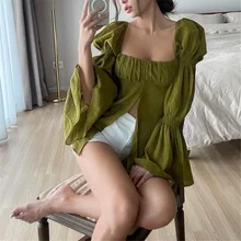 

2022 French Advanced Sense Women Square Collar Ruched Long Sleeve Shirt Solid Color Front Slit Fashion Blouse Spring Fall Tops