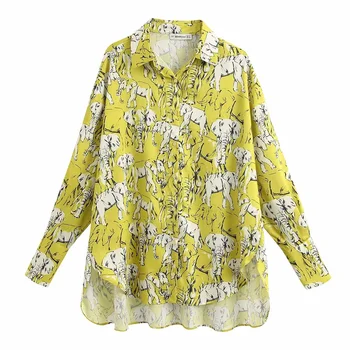 

Stylish Chic Elephants Printed Oversized Blouse Women Fashion Turn-down Collar Tops Elegant Ladies Chic Vestidos