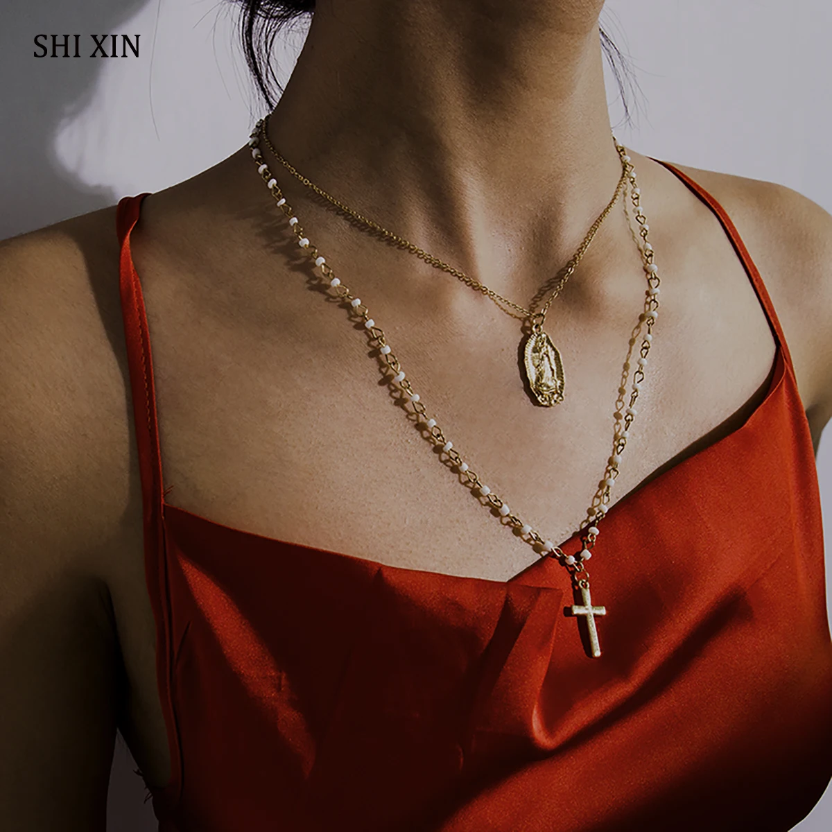 

SHIXIN Boho Long White Beads Chain Necklace for Women Layered Cross Pendant Necklace Fashion Jewelry Accessories Neckless Female
