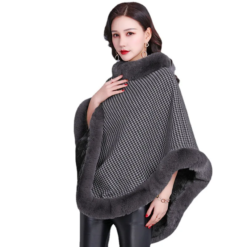 5 Colors Women Cape Houndstooth Poncho Knitted O Neck Shawl Coat Velvet Lining Warm Pullover Winter Faux Fox Fur Out Street Wear
