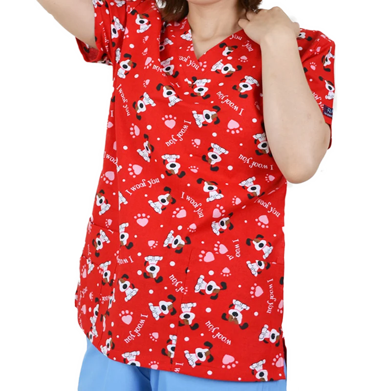 Разноцветный принт женский костюм медика Топы Одежда Хлопок хирургическая форма доктор дантист рабочая одежда скраб-топ v-образный вырез лето