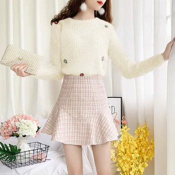 

Suits Flower Pullover Sweater Top Outfit Knitting Tweed Skirt Two-Piece Umbrella Grid Short Skirts Sweet Fashion Women Clothing