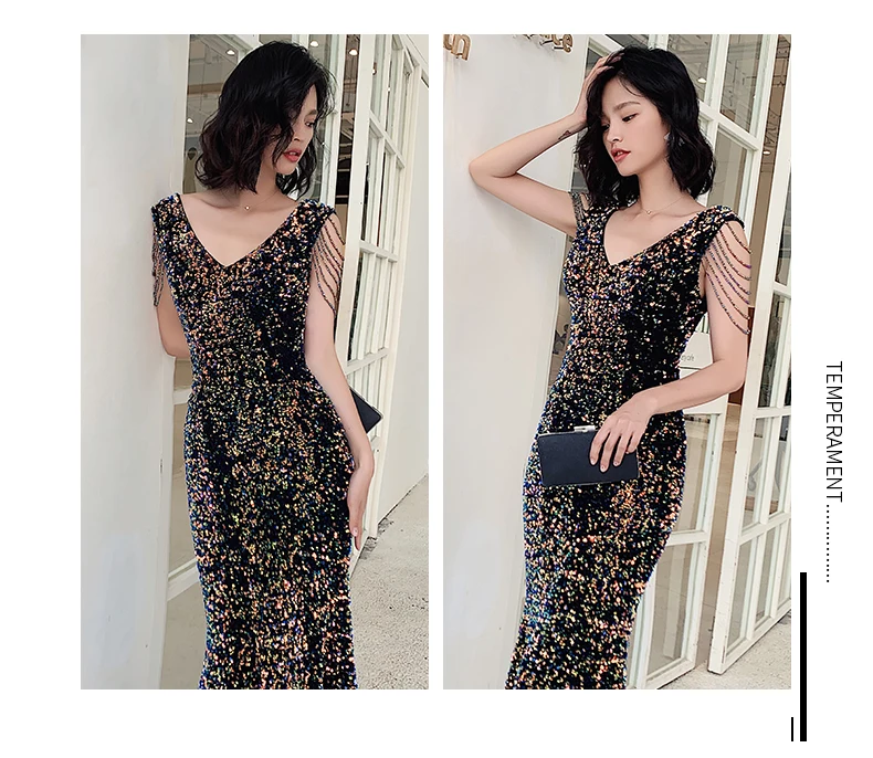 AE545 халат De Soiree 2019 новый сексуальный v-образный вырез Русалка без рукавов расшитое блестками длинное вечернее платье