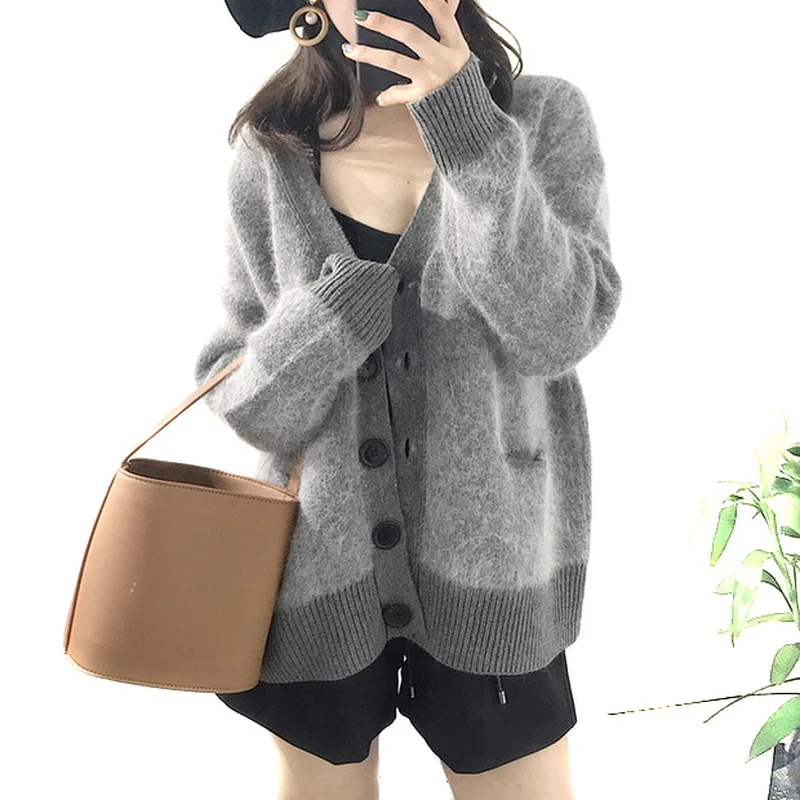 Best Price Women Sweater 2019 Autumn and Winter New Mohair Wool Blend Buttoned V-neck Knit Cardigan Sweater Loose